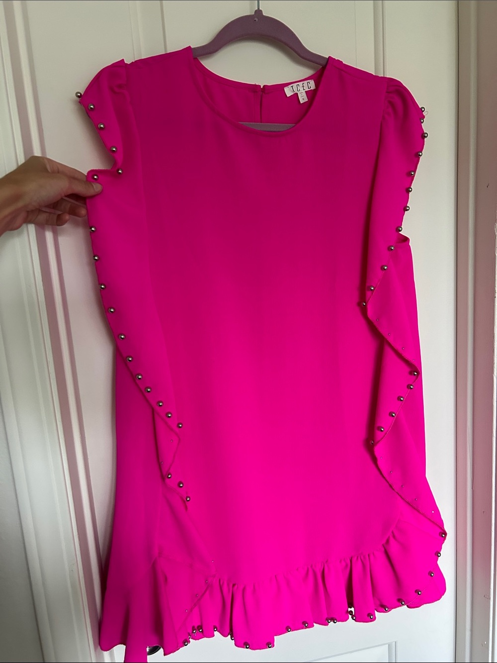 Neon Pink Ruffle Flutter Cap Sleeve Dress with Studded Trim